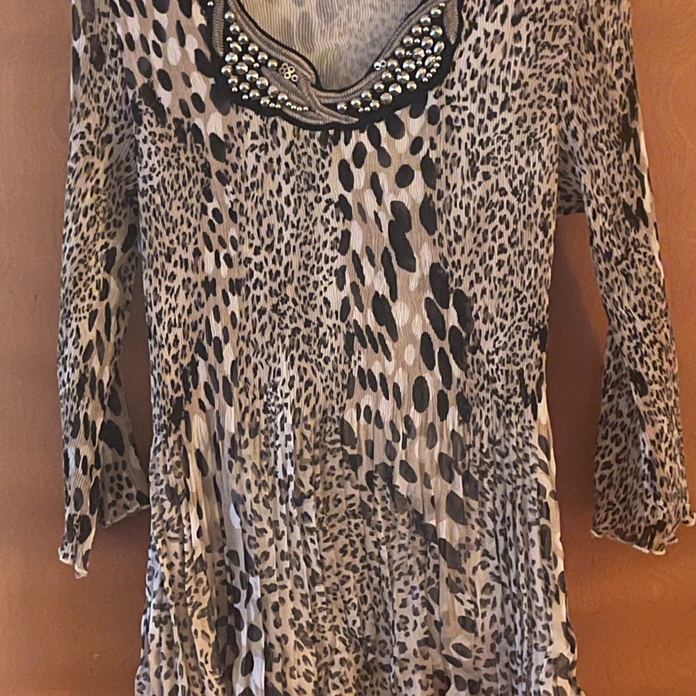 ALBERTO MAKALI Animal Print Blouse with Studded Neckline Size L
